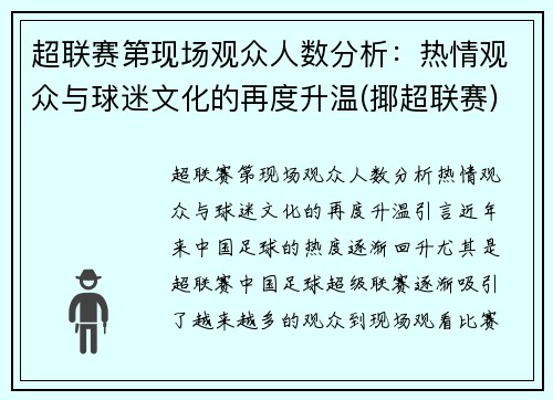 超联赛第现场观众人数分析：热情观众与球迷文化的再度升温(揶超联赛)