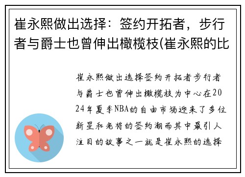 崔永熙做出选择：签约开拓者，步行者与爵士也曾伸出橄榄枝(崔永熙的比赛视频)