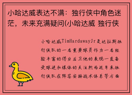 小哈达威表达不满：独行侠中角色迷茫，未来充满疑问(小哈达威 独行侠)