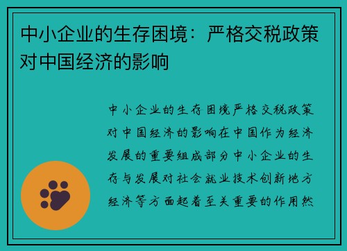 中小企业的生存困境：严格交税政策对中国经济的影响
