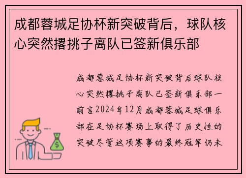 成都蓉城足协杯新突破背后，球队核心突然撂挑子离队已签新俱乐部