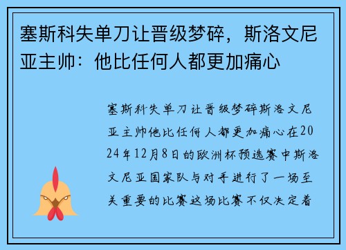 塞斯科失单刀让晋级梦碎，斯洛文尼亚主帅：他比任何人都更加痛心