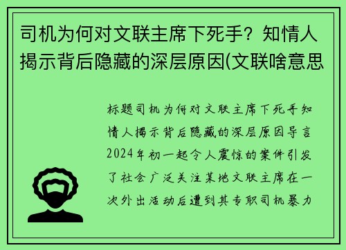 司机为何对文联主席下死手？知情人揭示背后隐藏的深层原因(文联啥意思)