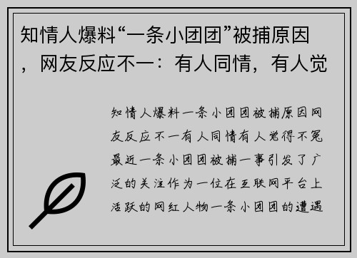 知情人爆料“一条小团团”被捕原因，网友反应不一：有人同情，有人觉得“不冤”