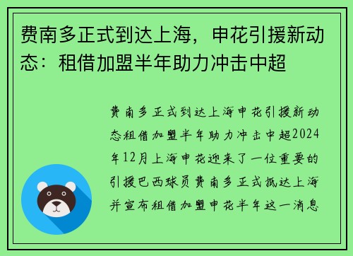 费南多正式到达上海，申花引援新动态：租借加盟半年助力冲击中超