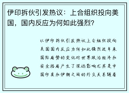 伊印拆伙引发热议：上合组织投向美国，国内反应为何如此强烈？