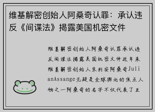 维基解密创始人阿桑奇认罪：承认违反《间谍法》揭露美国机密文件